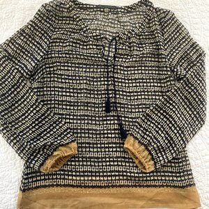 Navy & Tan Chiffon Blouse | M